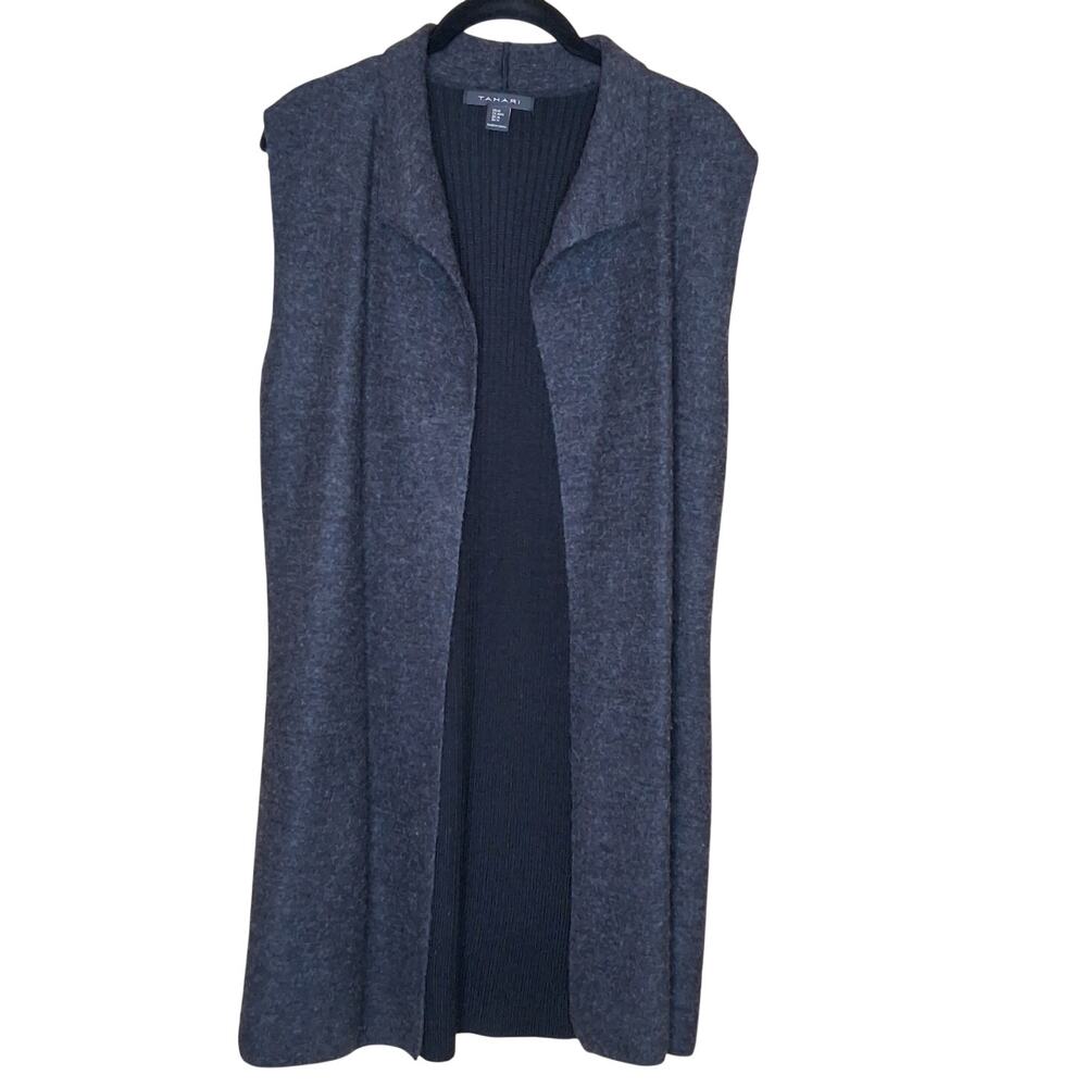Tahari Wool Long Vest Size Medium Sweater Knit Back Open Front